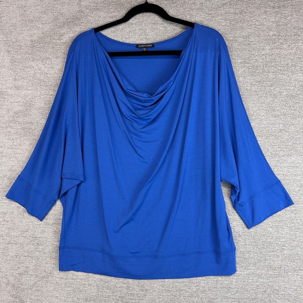 EILEEN FISHER Stretch Rayon Jersey Draped Cowl Dolman‎ Sleeve Blue USA Large